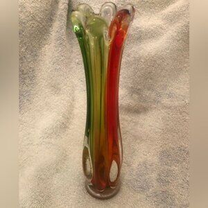 Vintage Swung Vase Beautiful Orange and Green Blown Glass 8” high